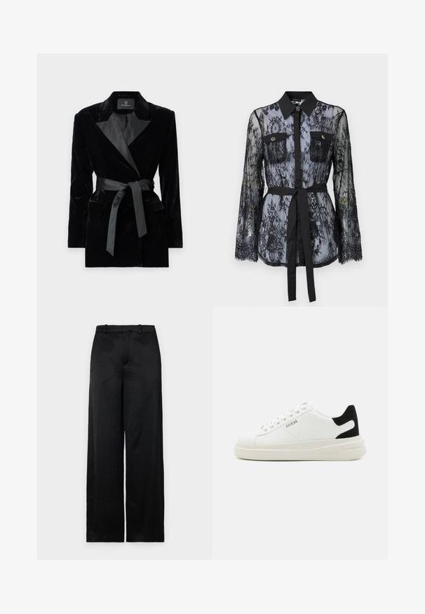 Sacou negru din catifea, cu guler din satin, mâneci lungi, buzunare frontale și o curea legată în talie. Textură fină și design croit.; Bluză din dantelă neagră, cu mâneci lungi, buzunare la piept cu nasturi, guler clasic și o curea din țesătură legată în talie. Design transparent.; Pantaloni negri cu croi larg, confecționați dintr-un material ușor, texturat. Prezintă un brâu neted cu bucle pentru curea și o siluetă dreaptă, fluidă.; Adidași din piele albă cu o talpă groasă albă, accent de călcâi din suede negru și logo embosat pe lateral. Design cu șireturi și șase orificii.