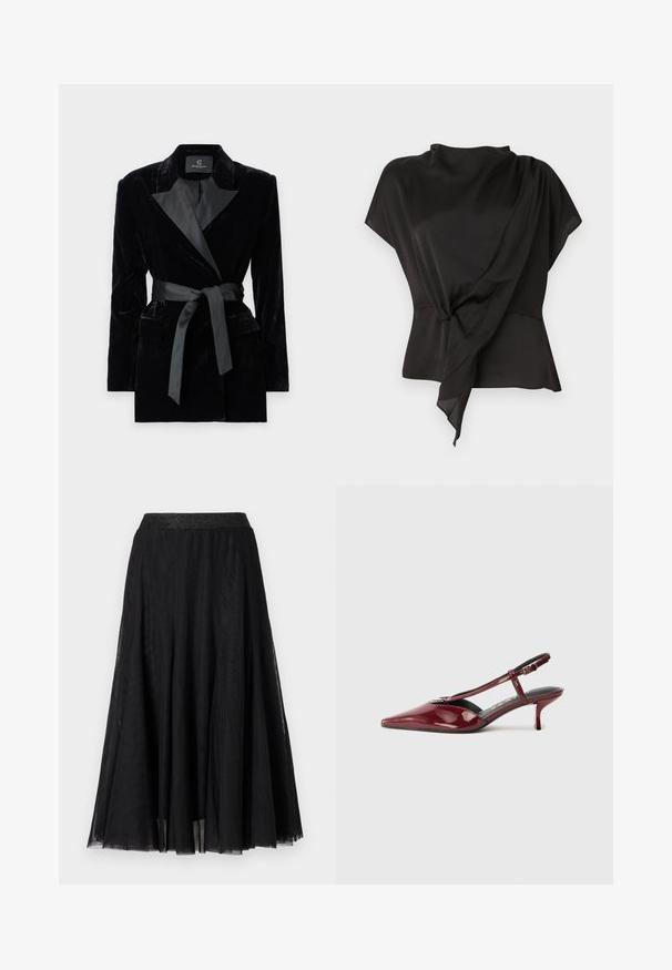 Blazer de veludo preto com colarinho de cetim, mangas longas, bolsos frontais e um cinto atado na cintura. Textura suave e design ajustado.; Blusa preta feita de tecido suave, com um design drapeado e um detalhe com nó na cintura e mangas curtas.; Saia maxi preta com um design texturizado e fluido. Apresenta uma cinturinha larga e brilhante e um tecido sobreposto e transparente para um visual elegante.; Sapato de salto kitten em bico, em pele vinho brilhante, com tira em T e fivela prateada, sobre fundo branco.