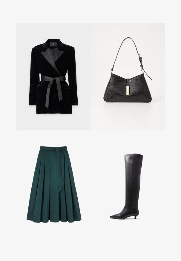 Black velvet blazer with satin shawl collar, long sleeves, front pockets, and a tied belt at the waist. Smooth texture and tailored design.; White long-sleeve blouse with a classic collar, front button closure, and gathered side detail. Smooth fabric with a tailored shape.; Teal midi skirt made of smooth fabric, featuring pleats, a waistband with belt loops, and a tied belt. Hem is straight with stitching details.; Knee-high black leather boots with a pointed toe and small heel, featuring a smooth texture and minimalistic design.; Black handbag in faux croc-embossed material, featuring a triangular shape, slim shoulder strap, and a gold-tone hardware accent in the center.; Black gloves made of sheer fabric featuring textured floral and circular patterns. Long design with a smooth finish and tag detail on one glove.; Black cord choker with a bow design. Made of smooth material, features two ends with silver-colored tips. Simple and minimalistic design.