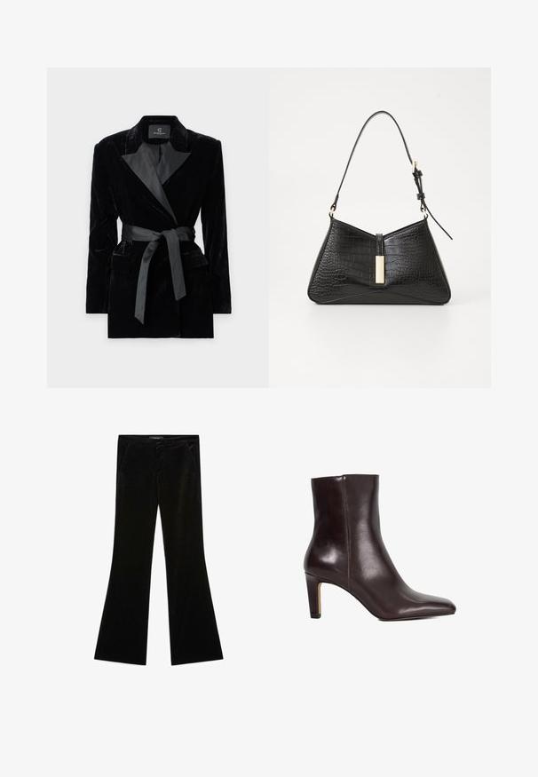 Black velvet blazer with satin shawl collar, long sleeves, front pockets, and a tied belt at the waist. Smooth texture and tailored design.; White long-sleeve blouse with a classic collar, front button closure, and gathered side detail. Smooth fabric with a tailored shape.; Black velvet flared pants with a smooth texture, featuring two front pockets and a fitted waist, designed for a streamlined silhouette.; Dark brown leather ankle boot with pointed toe and mid-height block heel, smooth finish, no visible fasteners.; Black handbag in faux croc-embossed material, featuring a triangular shape, slim shoulder strap, and a gold-tone hardware accent in the center.; Black leather gloves with a quilted black suede cuff. Features a smooth finish and a subtle logo accent on the wrist area.; Silver teardrop earrings with rounded accents, set against a model wearing a white ribbed sleeveless top, showcasing a smooth texture.