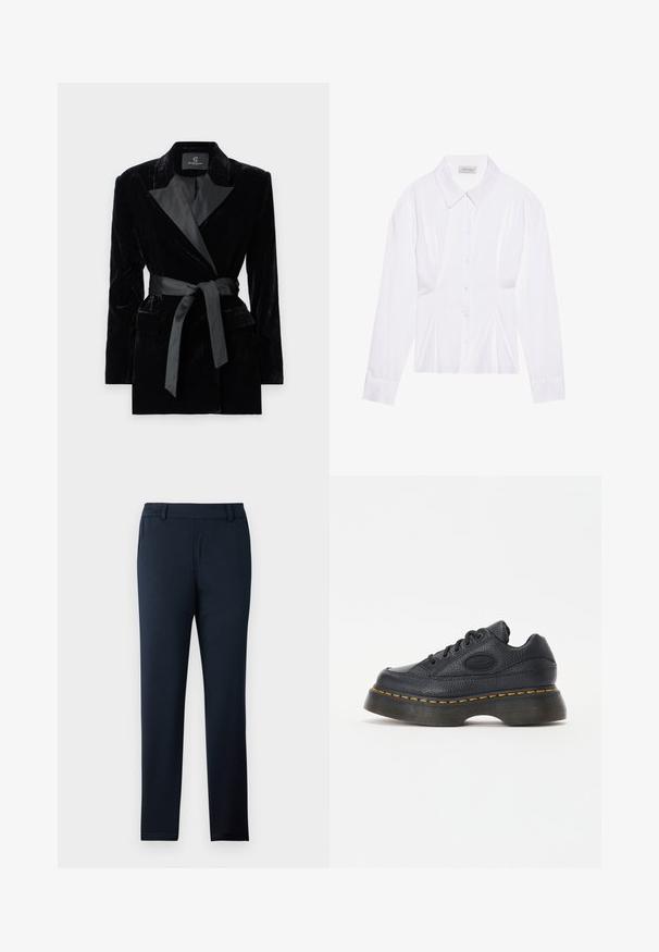 Blazer in velluto nero con colletto a scialle in satin, maniche lunghe, tasche frontali e una cintura legata in vita. Texture liscia e design su misura.; Blusa bianca a maniche lunghe con colletto classico, chiusura frontale con bottoni e dettaglio arricciato sui lati. Tessuto liscio con una forma sartoriale.; Pantaloni blu navy realizzati in un morbido tessuto elasticizzato. Presentano una vita piatta, passanti per la cintura e un design slim con gamba affusolata.; Sneaker in pelle nera con finitura texturizzata, punta rotonda e suola piatta spessa. Presenta cuciture di accento giallo e logo laterale del marchio.