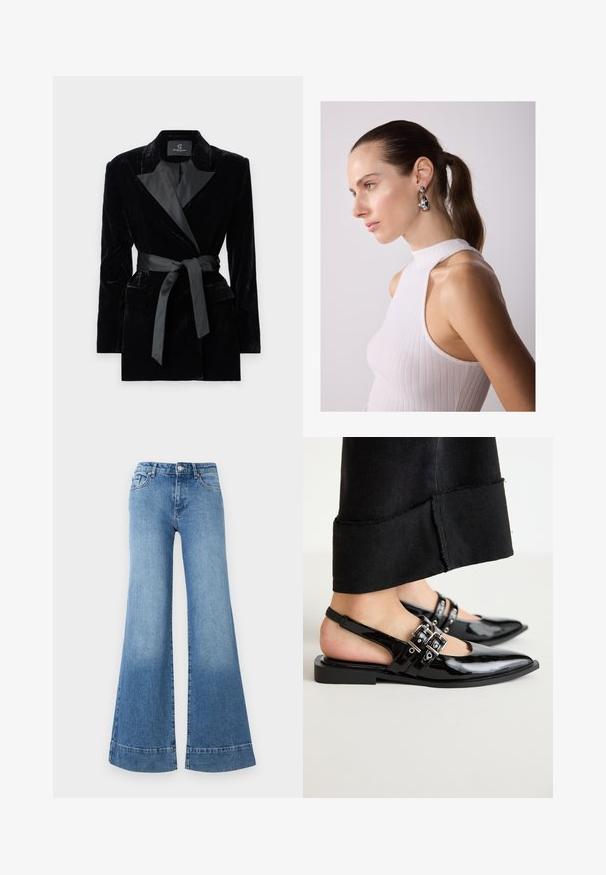 Blazer de terciopelo negro con cuello de chal de satén, mangas largas, bolsillos frontales y un cinturón atado en la cintura. Textura suave y diseño ajustado.; Blusa blanca de manga larga con cuello clásico, cierre frontal de botones y detalle fruncido en los laterales. Tejido suave con una forma entallada.; Jeans de mezclilla de color azul claro, acampanados, con cintura alta, piernas amplias y un ligero desteñido. Presentan un diseño clásico de cinco bolsillos y cierre de botón metálico.; RAID DINKY - Bailarinas con hebilla - black; Pendientes de plata en forma de lágrima con acentos redondeados, mostrados en un modelo que lleva una blusa sin mangas de canalé blanca, exhibiendo una textura suave.