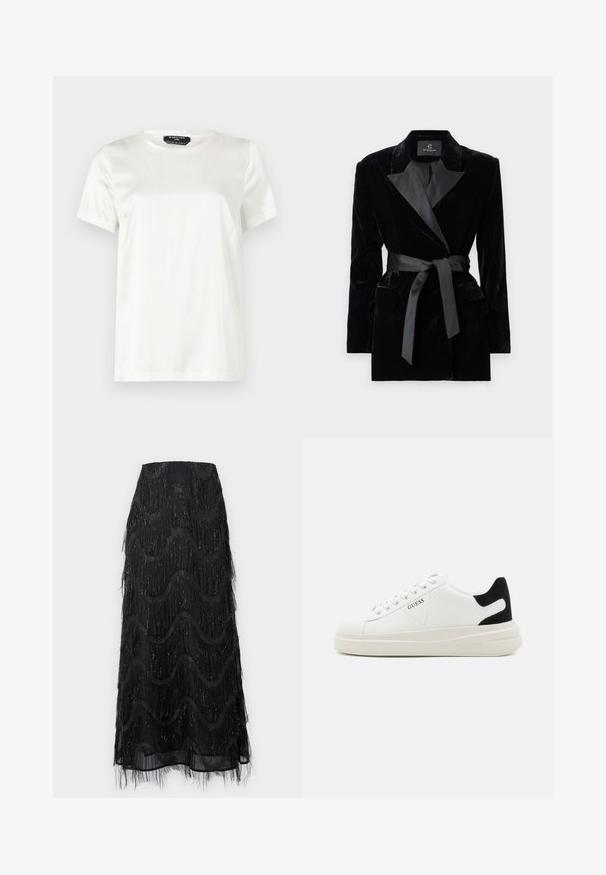 Black velvet blazer with satin shawl collar, long sleeves, front pockets, and a tied belt at the waist. Smooth texture and tailored design.; White short-sleeve t-shirt in smooth, shiny fabric with a round neckline. Features a subtle sheen and minimalist design.; Black midi skirt featuring layered fringe and wave patterns. Made from sheer material with sparkly accents along the edges.; White leather sneakers with a thick white sole, black suede heel accent, and embossed logo on the side. Laced design with six eyelets.
