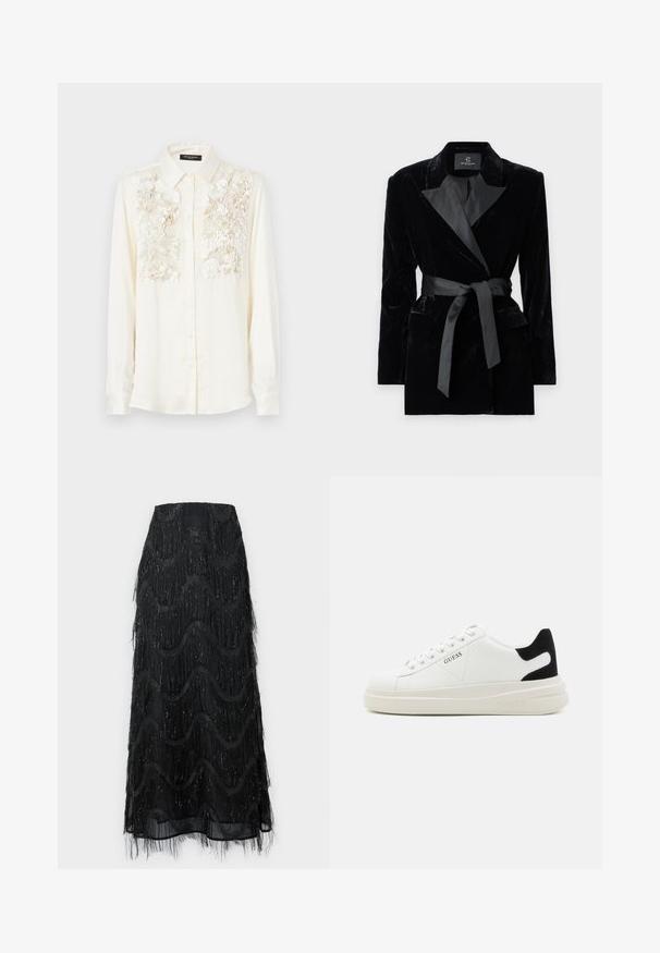 Black velvet blazer with satin shawl collar, long sleeves, front pockets, and a tied belt at the waist. Smooth texture and tailored design.; Cream-colored shirt featuring textured floral embroidery across the chest, with a classic collar and button-down front. Long sleeves.; Black midi skirt featuring layered fringe and wave patterns. Made from sheer material with sparkly accents along the edges.; White leather sneakers with a thick white sole, black suede heel accent, and embossed logo on the side. Laced design with six eyelets.