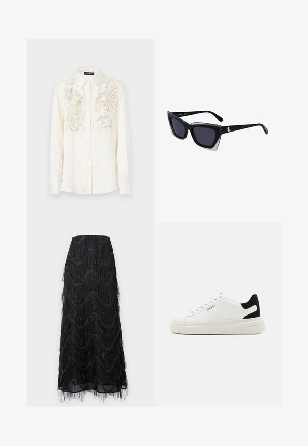 Blazer in velluto nero con colletto a scialle in satin, maniche lunghe, tasche frontali e una cintura legata in vita. Texture liscia e design su misura.; Camicia color crema con ricami floreali testurizzati sul petto, colletto classico e chiusura con bottoni davanti. Maniche lunghe.; Gonna midi nera con frange a strati e motivi a onda. Realizzata in materiale trasparente con accenti scintillanti lungo i bordi.; Sneaker bianchi in pelle con suola spessa bianca, accento in suede nero sul tallone e logo impresso sul lato. Design con lacci e sei fori per i lacci.; Occhiali da sole oversize neri dalla forma geometrica, con lenti scure e un dettaglio grigio a contrasto sulla montatura. Logo sul braccio.