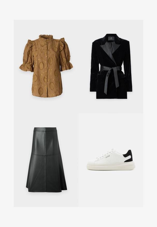 Musta samettitakki, jossa on satiininen kauluspanta, pitkät hihat, etupussit ja vyötäröllä solmittava vyö. Sileä pinta ja muotoiltu malli.; Ruskea pusero, jossa on puffihihat, frillikaulus ja kohokuvioidut kukkakuviot. Edessä nappikiinnitys; pehmeä, tekstuurinen kangas.; Mustat nahkainen A-linjainen hame, sileä pinta, keskipitkä pituus, jossa on vaakasuora saumuristys yksityiskohtana vyötäröllä ja saumoissa rakenteen lisäämiseksi.; Valkoiset nahkakengät paksulla valkoisella pohjalla, mustalla mokkanahkaosuudella kannassa ja kohokuvioitu logo sivulla. Nauhakeskitys kuudella reiällä.