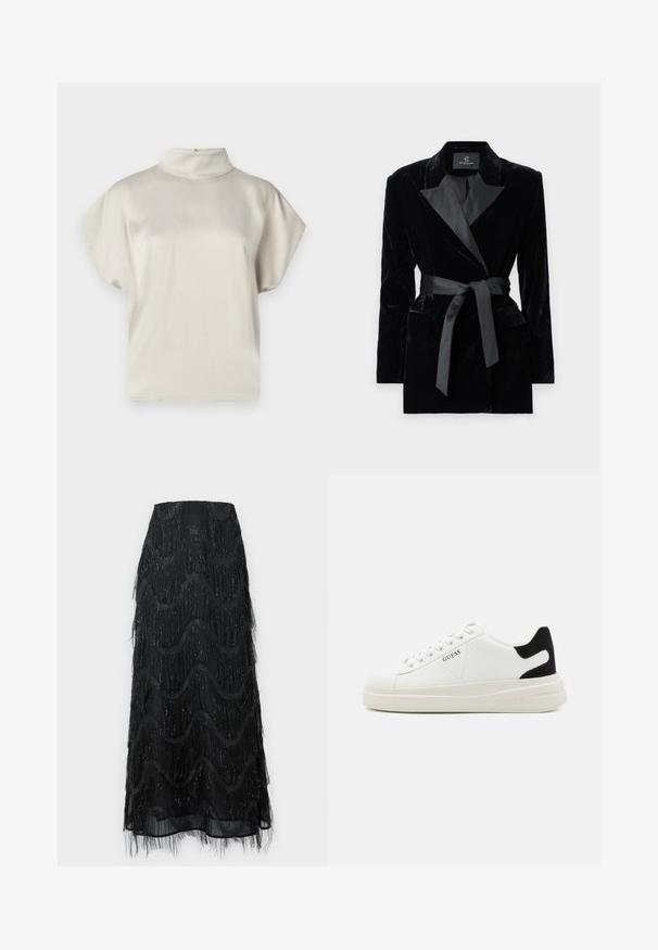 Blazer in velluto nero con colletto a scialle in satin, maniche lunghe, tasche frontali e una cintura legata in vita. Texture liscia e design su misura.; Top a maniche corte di un leggero beige con collo alto e morbido. Tessuto liscio, vestibilità ampia e una leggera lucentezza. Senza modelli visibili o elementi in metallo.; Gonna midi nera con frange a strati e motivi a onda. Realizzata in materiale trasparente con accenti scintillanti lungo i bordi.; Sneaker bianchi in pelle con suola spessa bianca, accento in suede nero sul tallone e logo impresso sul lato. Design con lacci e sei fori per i lacci.
