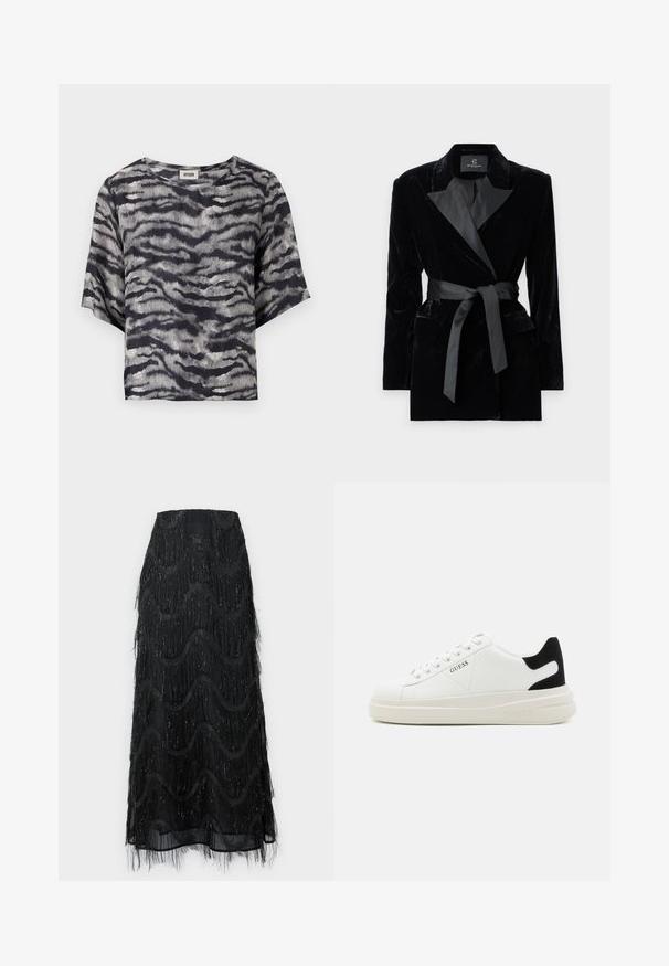 Sort fløjlsblazer med satin sjalkrave, lange ærmer, frontlommer og en bundet bælte i taljen. Glat tekstur og skræddersyet design.; Sort og grå kortærmet cropped skjorte med et bølgemønster, rund halsudskæring, lavet af en ribbet tekstureret stof.; Sort midi-skjorte med lagdelt frynse og bølgemønstre. Lavet af gennemsigtigt materiale med glitrende detaljer langs kanterne.; Hvide lædersneakers med en tyk hvid sål, sort ruskindhælvægt og prægede logoer på siden. Snørebåndsdesign med seks øjer.