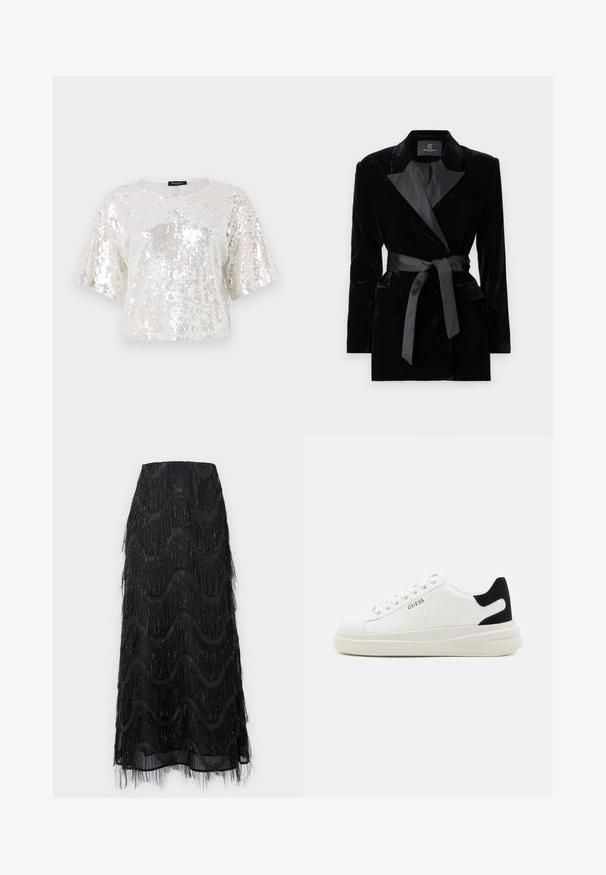 Črn žametni blazer s satenskim ovratnikom, dolgimi rokavi, sprednjimi žepi in zavezanjem v pasu. Gladka tekstura in krojena zasnova.; Kratka majica s kratkimi rokavi iz bleščečega materiala v beli in srebrni barvi, ki ima okroglo ovratnico in rebrast rob.; Črna midi krila z večplastnimi resicami in valovitimi vzorci. Narejena iz prosojnega materiala s svetlečimi poudarki ob robovih.; Bele usnjene športne copate z debelim belim podplatom, črnimi semišnimi detajli na peti in utisnjenim logotipom na strani. Zavezovanje s šestimi luknjicami.