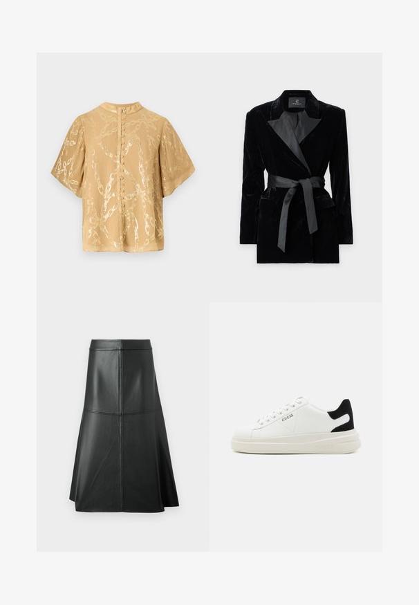 Schwarze Samtblazer mit satinierter Schalkragen, langen Ärmeln, Fronttaschen und einem gebundenen Gürtel in der Taille. Glatte Textur und taillierte Passform.; Kurzärmlige, hellbraune Bluse mit einem glänzenden Kettenmuster und einer geknöpften Rückenbefestigung. Hergestellt aus einem glatten, leichten Stoff.; Schwarzer Leder-A-Linie-Rock, glatte Textur, midi-länge, mit horizontalen Nähten am Bund und den Nähten für zusätzliche Struktur.; Weiße Leder-Sneaker mit einer dicken weißen Sohle, schwarzem Wildlederakzent an der Ferse und geprägtem Logo an der Seite. Schnürdesign mit sechs Ösen.
