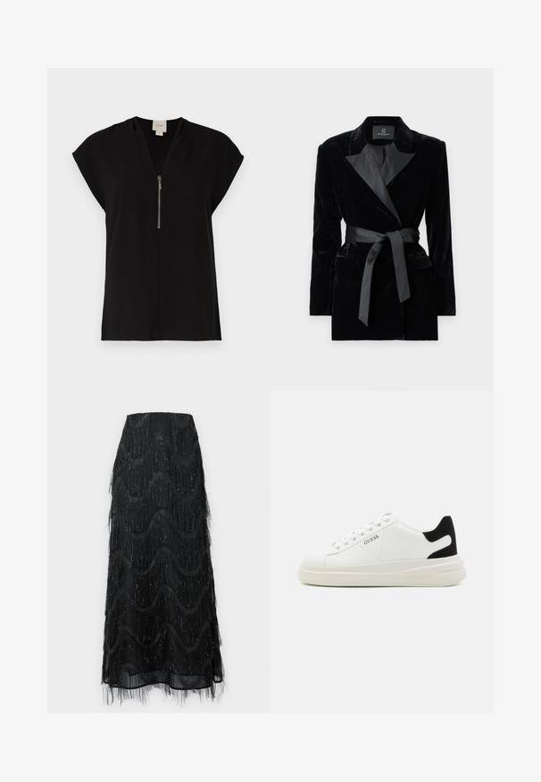 Musta samettitakki, jossa on satiininen kauluspanta, pitkät hihat, etupussit ja vyötäröllä solmittava vyö. Sileä pinta ja muotoiltu malli.; Mustat yläosa, jossa on V-kaula-aukko ja vetoketjukiristys, lyhyet puolihihat, valmistettu sileästä kankaasta, minimalistinen muotoilu ilman kuvioita.; Mustat midi-hameet, joissa on kerroksellista fringea ja aaltoilukuosia. Valmistettu läpikuultavasta materiaalista, jonka reunoilla on kimaltavia yksityiskohtia.; Valkoiset nahkakengät paksulla valkoisella pohjalla, mustalla mokkanahkaosuudella kannassa ja kohokuvioitu logo sivulla. Nauhakeskitys kuudella reiällä.