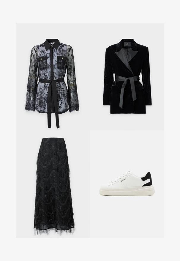 Blazer de veludo preto com colarinho de cetim, mangas longas, bolsos frontais e um cinto atado na cintura. Textura suave e design ajustado.; Blusa de renda preta com mangas longas, bolsos no peito com botão, colarinho clássico e um cinto de tecido atado na cintura. Design transparente.; Saia midi preta com franja em camadas e padrões em ondas. Feita de um material transparente com detalhes brilhantes ao longo das bordas.; Sapatilhas brancas de couro com uma sola branca espessa, detalhe em camurça preta no calcanhar e logótipo em relevo na lateral. Design com atacadores e seis ilhós.