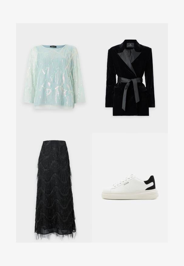 Blazer de veludo preto com colarinho de cetim, mangas longas, bolsos frontais e um cinto atado na cintura. Textura suave e design ajustado.; Blusa transparente azul clara com mangas longas, apresentando bordado de água-viva iridescente e lantejoulas, decote redondo e um corte solto.; Saia midi preta com franja em camadas e padrões em ondas. Feita de um material transparente com detalhes brilhantes ao longo das bordas.; Sapatilhas brancas de couro com uma sola branca espessa, detalhe em camurça preta no calcanhar e logótipo em relevo na lateral. Design com atacadores e seis ilhós.