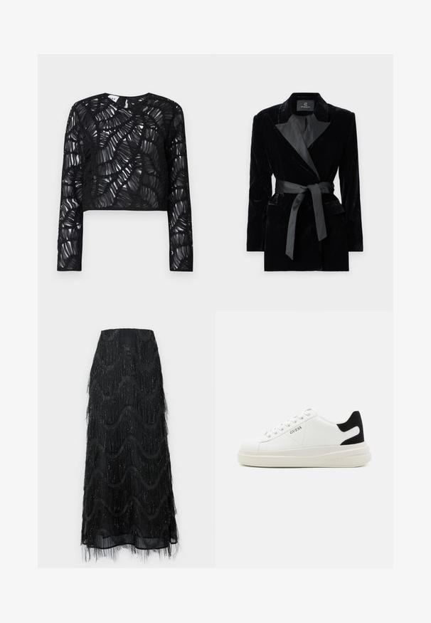 Črn žametni blazer s satenskim ovratnikom, dolgimi rokavi, sprednjimi žepi in zavezanjem v pasu. Gladka tekstura in krojena zasnova.; Črni dolg rokav, kratka majica z prosojnim, teksturiranim dizajnom, ki ima plastene, valovite vzorce in okroglo ovratnico.; Črna midi krila z večplastnimi resicami in valovitimi vzorci. Narejena iz prosojnega materiala s svetlečimi poudarki ob robovih.; Bele usnjene športne copate z debelim belim podplatom, črnimi semišnimi detajli na peti in utisnjenim logotipom na strani. Zavezovanje s šestimi luknjicami.