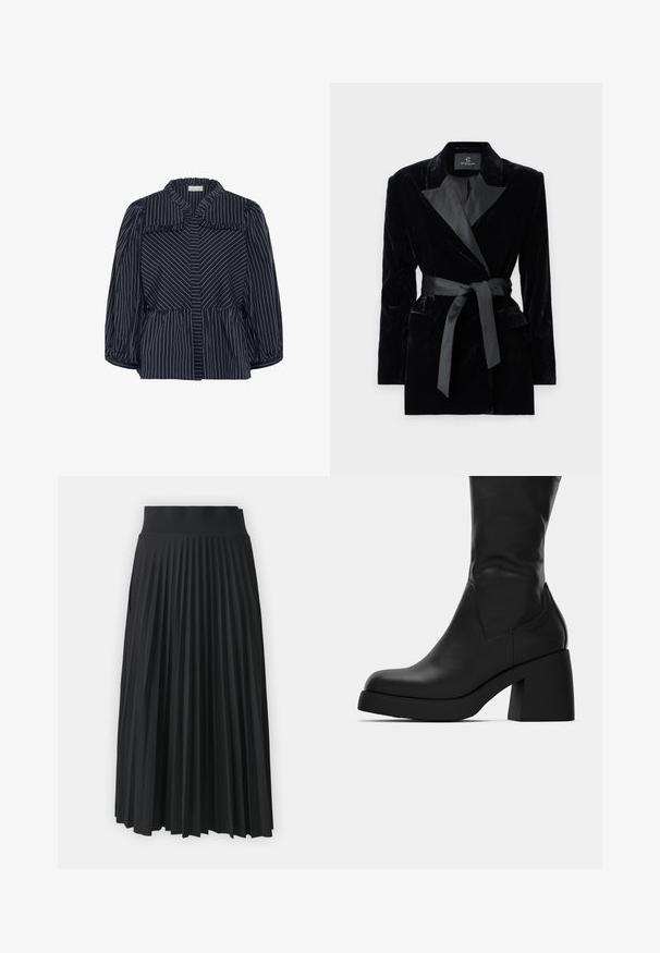 Blazer in velluto nero con colletto a scialle in satin, maniche lunghe, tasche frontali e una cintura legata in vita. Texture liscia e design su misura.; Blusa a righe navy con ampio colletto, bordi arricciati e maniche a palloncino. Presenta righe verticali bianche e una vita aderente.; Gonna nera a pieghe con una cintura larga, caratterizzata da pieghe verticali uniformi. Texture liscia con un design fluido.; Stivale in pelle nera a metà polpaccio con tacco largo e punta arrotondata, mostrato in profilo laterale su sfondo bianco.