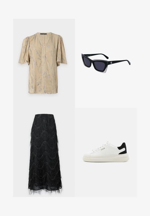 Black velvet blazer with satin shawl collar, long sleeves, front pockets, and a tied belt at the waist. Smooth texture and tailored design.; Beige top with short, puffed sleeves, featuring a V-neckline and a shimmering silver wave pattern throughout, made from lightweight material.; Black midi skirt featuring layered fringe and wave patterns. Made from sheer material with sparkly accents along the edges.; White leather sneakers with a thick white sole, black suede heel accent, and embossed logo on the side. Laced design with six eyelets.; Black oversized sunglasses with a geometric shape, featuring dark lenses and a contrasting grey detail on the frame. Logo on the arm.