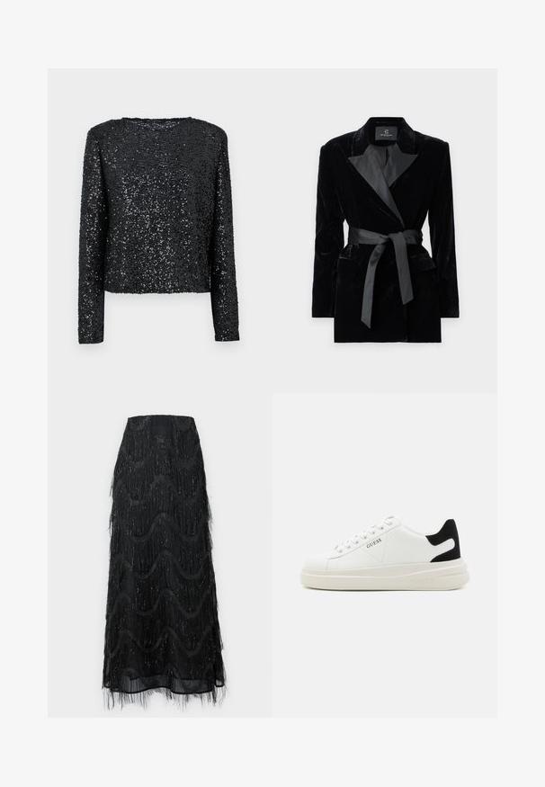 Schwarze Samtblazer mit satinierter Schalkragen, langen Ärmeln, Fronttaschen und einem gebundenen Gürtel in der Taille. Glatte Textur und taillierte Passform.; Schwarzes Langarmoberteil, das mit kleinen Pailletten bedeckt ist, mit einem runden Ausschnitt und einer lockeren Passform, mit einer glatten Textur und glitzernder Oberfläche.; Schwarzer Midirock mit geschichteten Fransen und Wellenmustern. Hergestellt aus durchsichtigem Material mit funkelnden Akzenten an den Kanten.; Weiße Leder-Sneaker mit einer dicken weißen Sohle, schwarzem Wildlederakzent an der Ferse und geprägtem Logo an der Seite. Schnürdesign mit sechs Ösen.