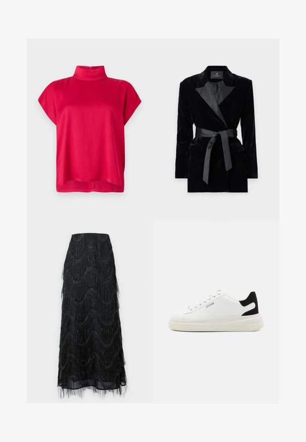 Černé sametové sako se saténovým šálovým límcem, dlouhými rukávy, předními kapsami a uvázaným páskem v pase. Hladký povrch a přizpůsobený design.; Červený top s krátkým rukávem a vysokým límcem, vyrobený z hladké tkaniny. Má volný střih a zip na zadní straně. Jednoduchý design bez vzorů.; Černá midi sukně s vrstveným třásněm a vlnitými vzory. Vyrobena z průsvitného materiálu se třpytivými akcenty podél okrajů.; Bílé kožené tenisky s tlustou bílou podrážkou, černým semišovým akcentem na patě a vyraženým logem na boku. Šněrovací design se šesti očka.