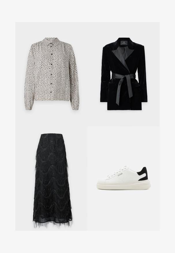 Svart sammet blazer med satin skalkrage, långa ärmar, framfickor och ett knytbälte i midjan. Slät textur och skräddarsydd design.; Knapp-up skjorta i krämfärg med svarta prickar, med krage, långa ärmar och elastiska manschetter. Tillverkad av ett lätt, slätt tyg.; Svart midikjol med lager av fransar och vågmönster. Tillverkad av genomskinligt material med glittrande detaljer längs kanterna.; Vita lädersneakers med en tjock vit sula, svartsuede hälaccent och präglad logotyp på sidan. Snörningsdesign med sex öglor.