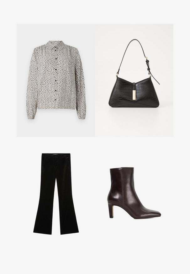 Zwarte fluwelen blazer met satijnen sjaalkraag, lange mouwen, voorzakken en een strikceintuur in de taille. Zachte textuur en verfijnd design.; Knoopshirt in crème met zwarte spikkels, met een kraag, lange mouwen en elastische manchetten. Gemaakt van een lichtgewicht, gladde stof.; Zwarte fluwelen flarebroek met een soepele textuur, voorzien van twee vo pockets en een aansluitende taille, ontworpen voor een gestroomlijnd silhouet.; Donkerbruine leren enkellaars met puntige neus en blokhak van gemiddelde hoogte, gladde afwerking, geen zichtbare sluitingen.; Zwarte handtas van faux krokodillenleer, met een driehoekige vorm, een slanke schouderband en een goudkleurige hardware-accent in het midden.; Zwarte leren handschoenen met een gewatteerde zwarte suède manchet. Heeft een gladde afwerking en een subtiele logo-accent op het polsgebied.; Zilveren druppeloorbellen met afgeronde accenten, weergegeven tegen een model dat een witte ribbed mouwloze top draagt, die een gladde textuur laat zien.