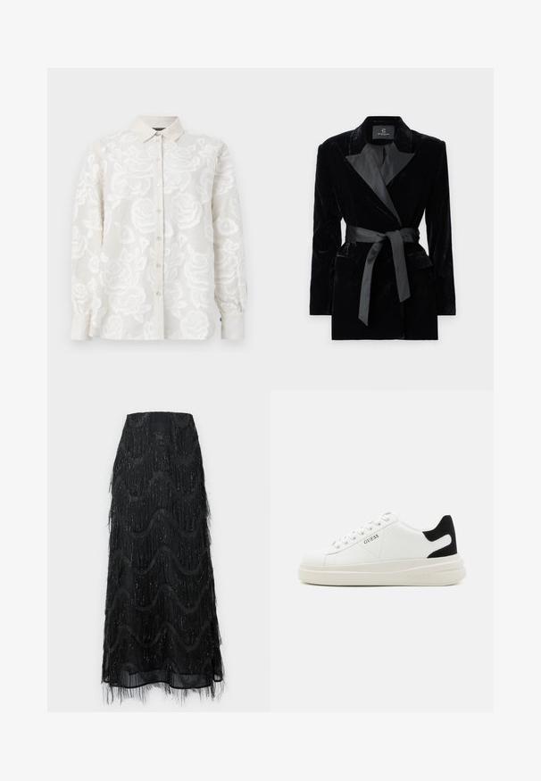 Blazer in velluto nero con colletto a scialle in satin, maniche lunghe, tasche frontali e una cintura legata in vita. Texture liscia e design su misura.; Blusa bianca ricamata con un motivo floreale, chiusura frontale con bottoni e maniche lunghe. Presenta un tessuto testurizzato e un collo standard.; Gonna midi nera con frange a strati e motivi a onda. Realizzata in materiale trasparente con accenti scintillanti lungo i bordi.; Sneaker bianchi in pelle con suola spessa bianca, accento in suede nero sul tallone e logo impresso sul lato. Design con lacci e sei fori per i lacci.