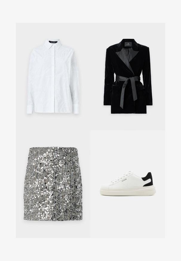 Svart fløyelsblazer med sateng sjalkrage, lange ermer, frontlommer og et knyttet belte i midjen. Glatt tekstur og skreddersydd design.; Hvit skjorte med knappelukking, prydet med et teksturert skriptmønster, klassisk krage, lange ermer og rett kant. Laget av lett stoff.; Pailletteskjørt i mini lengde med metallisk sølv- og svart fargepalett, teksturert overflate med reflekterende paljetter, og en tettsittende fasong.; Hvite lær sneakers med tykk hvit såle, svart semsket hælforsterkning og preget logo på siden. Snøresystem med seks hull.