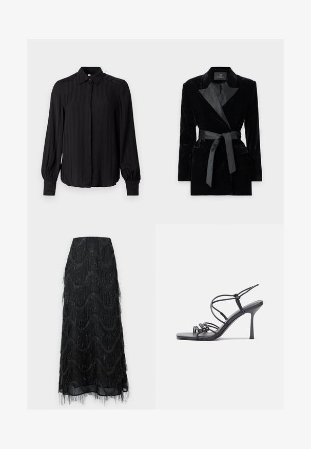 Juodas aksominis švarkas su satino apykakle, ilgomis rankovėmis, priekinėmis kišenėmis ir juosmenyje surišamu diržu. Lygus paviršius ir pritaikytas dizainas.; Juodas ilgų rankovių marškinys, pagamintas iš lygios medžiagos su vertikaliomis juostelėmis, su apykakle, sagų užsegimu priekyje ir susikaupusiais rankovių galiukais.; Juodas midi sijonas su sluoksniais frizais ir bangų raštais. Pagamintas iš permatomo medžiagos su blizgučiais pareiškimais palei kraštus.; Juodos aukštakulnės sandalai pasižymi plonyčiais dirželiais su mazgo dizainu, lygiu kvadratiniu pirštu ir elegantišku stiletto kulnu.