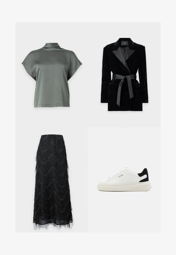 Fekete bársony blézer selyem stílusú gallérral, hosszú ujjak, elülső zsebek és megkötős öv a deréknál. Simaság és precíz szabás jellemzi.; Rövid ujjú felső egy tompa zöld színben, sima anyagból készült, hajtott gallérral. Lazán illeszkedő szabással, látható minták vagy szerelési részletek nélkül.; Fekete midi szoknya, réteges fránkkal és hullám mintázattal. Átlátszó anyagból készült, csillogó részletekkel az élein.; Fehér bőr sportcipők vastag fehér talppal, fekete velúr sarokpikkelyel és dombornyomott logóval az oldalon. Fűzős kialakítás, hat fűzőlyukkal.