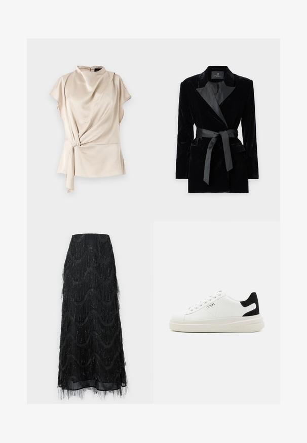 Melnas samta žaketes ar satīna apkakli, garām piedurknēm, priekšējām kabatām un saistītu jostu jostasvietā. Gluda tekstūra un izsmalcināts dizains.; Beige satīna tops ar augstu kakla izgriezumu, īsām piedurknēm, drapētu priekšpusi un sānu saišu detaļu; gluda tekstūra un noapaļots apakšmalas dizains.; Melnā midi svārki ar kārtainu fringu un viļņveida rakstiem. Izgatavoti no caurspīdīgas materiāla ar spīdīgām akcentēm gar malām.; Baltas ādas sporta apavi ar biezu balto zoli, melna zamša uzpura un izspiestais logotips sānos. Šņorējuma dizains ar sešiem acu caurumiem.