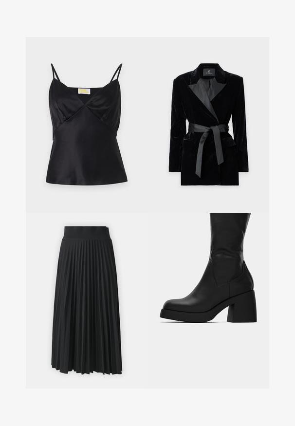 Černé sametové sako se saténovým šálovým límcem, dlouhými rukávy, předními kapsami a uvázaným páskem v pase. Hladký povrch a přizpůsobený design.; Černý saténový top na ramínka s tenkými nastavitelnými popruhy, V-výstřihem a přiléhavým střihem, který má jemný lesk a hladkou texturu.; Černá plisovaná sukně s širokým pasem, vybavená rovnoběžnými vertikálními záhyby po celé délce. Hladká textura s plynulým designem.; Černé kožené boty do poloviny lýtek s masivním blokovým podpatkem a zaoblenou špičkou, zobrazené v bočním profilu na bílém pozadí.