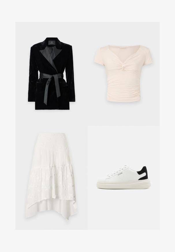 Sort fløjlsblazer med satin sjalkrave, lange ærmer, frontlommer og en bundet bælte i taljen. Glat tekstur og skræddersyet design.; Lyst beige kortærmet top med V-hals og twist-detalje foran, med samlede teksturer langs siderne for en tætsiddende design.; Hvid, lagdelt nederdel med blomsterbroderi. Har en tætsiddende talje og flydende, lagdelt stof, der skaber en asymmetrisk kant.; Hvide lædersneakers med en tyk hvid sål, sort ruskindhælvægt og prægede logoer på siden. Snørebåndsdesign med seks øjer.
