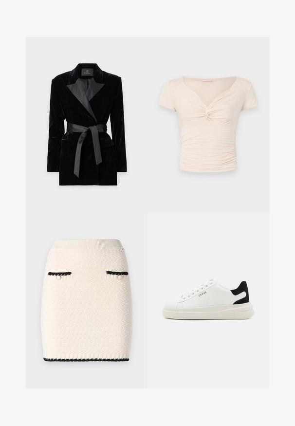 Musta samettitakki, jossa on satiininen kauluspanta, pitkät hihat, etupussit ja vyötäröllä solmittava vyö. Sileä pinta ja muotoiltu malli.; Vaalean beige lyhythihainen toppi, jossa on V-mallinen kaula-aukko ja kierretyt yksityiskohdat edessä. Sivut ovat rypytettyjä, mikä luo istuvan muotoilun.; Neulekort skjørt i kremfarge med et strukturert zickzack-mønster, fremhevet av svart pynt rundt lommer og nederkant, samt detaljer i gullton.; Valkoiset nahkakengät paksulla valkoisella pohjalla, mustalla mokkanahkaosuudella kannassa ja kohokuvioitu logo sivulla. Nauhakeskitys kuudella reiällä.