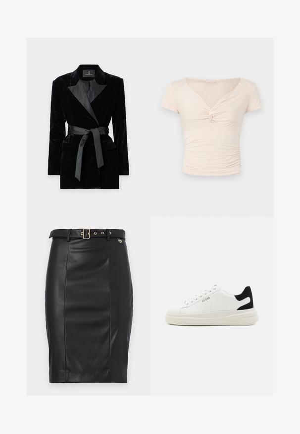 Črn žametni blazer s satenskim ovratnikom, dolgimi rokavi, sprednjimi žepi in zavezanjem v pasu. Gladka tekstura in krojena zasnova.; Svetlo bež majica s kratkimi rokavi in V-izrezom, z zvitkom na sprednjem delu, ki ima nabran teksturo ob straneh za tesno prileganje.; Črna usnjena svinčnik krila z oprijeto obliko, šivi, pasom z zlatim sponko in emblemom na pasu.; Bele usnjene športne copate z debelim belim podplatom, črnimi semišnimi detajli na peti in utisnjenim logotipom na strani. Zavezovanje s šestimi luknjicami.