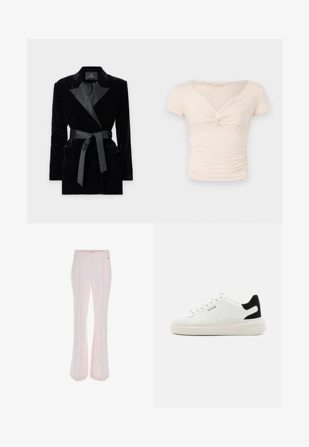 Svart sammet blazer med satin skalkrage, långa ärmar, framfickor och ett knytbälte i midjan. Slät textur och skräddarsydd design.; Ljusbeige kortärmad topp med V-ringning och tvistdetalj framtill, med rynkad textur längs sidorna för en figurnära design.; Utsvängda byxor i ljusrosa tyg. Har en bred midjereså och vertikala sömmar, samt en slät yta. Skräddarsydda för en perfekt passform.; Vita lädersneakers med en tjock vit sula, svartsuede hälaccent och präglad logotyp på sidan. Snörningsdesign med sex öglor.