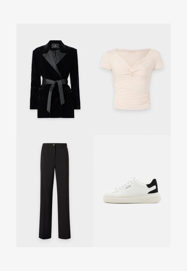 Svart sammet blazer med satin skalkrage, långa ärmar, framfickor och ett knytbälte i midjan. Slät textur och skräddarsydd design.; Ljusbeige kortärmad topp med V-ringning och tvistdetalj framtill, med rynkad textur längs sidorna för en figurnära design.; Svarta skräddarsydda byxor med rak benprofil, som har en subtil textur, framknäppning med knapp och en klassisk passform.; Vita lädersneakers med en tjock vit sula, svartsuede hälaccent och präglad logotyp på sidan. Snörningsdesign med sex öglor.