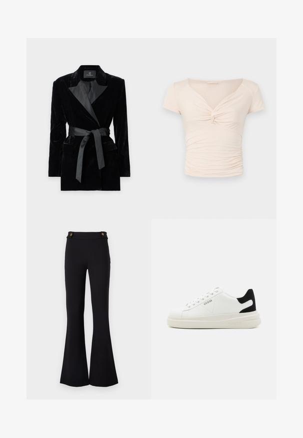 Sort fløjlsblazer med satin sjalkrave, lange ærmer, frontlommer og en bundet bælte i taljen. Glat tekstur og skræddersyet design.; Lyst beige kortærmet top med V-hals og twist-detalje foran, med samlede teksturer langs siderne for en tætsiddende design.; Sorte flared bukser lavet af strækbart materiale. Har to guldtonede knapper i taljen. Glat tekstur og tætsiddende over hofterne.; Hvide lædersneakers med en tyk hvid sål, sort ruskindhælvægt og prægede logoer på siden. Snørebåndsdesign med seks øjer.