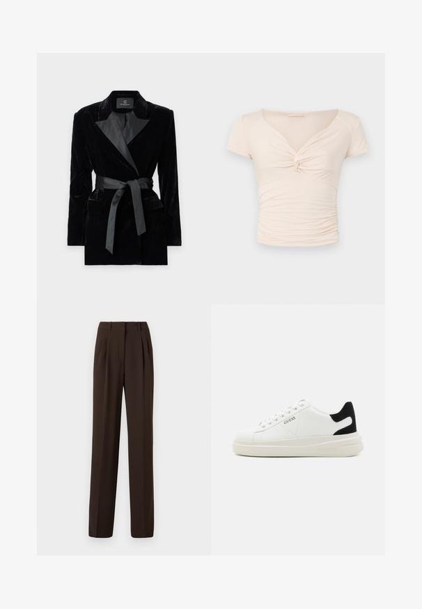 Sacou negru din catifea, cu guler din satin, mâneci lungi, buzunare frontale și o curea legată în talie. Textură fină și design croit.; Top scurt, de culoare bej deschis, cu mânecă scurtă și decolteu în V, având detaliu răsucit în față, cu textură adunată pe laturi pentru un design ajustat.; Pantaloni plisati maro cu un design drept, dintr-un material croitorie și cu o textură netedă, având centuri pentru curea și buzunare laterale.; Adidași din piele albă cu o talpă groasă albă, accent de călcâi din suede negru și logo embosat pe lateral. Design cu șireturi și șase orificii.