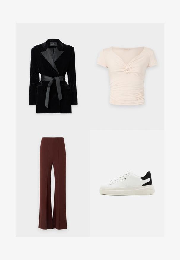 Sort fløjlsblazer med satin sjalkrave, lange ærmer, frontlommer og en bundet bælte i taljen. Glat tekstur og skræddersyet design.; Lyst beige kortærmet top med V-hals og twist-detalje foran, med samlede teksturer langs siderne for en tætsiddende design.; Brune brede bukser med høj talje, lavet af et glat stof med lodrette sømme foran og en pæn afsluttet kant.; Hvide lædersneakers med en tyk hvid sål, sort ruskindhælvægt og prægede logoer på siden. Snørebåndsdesign med seks øjer.
