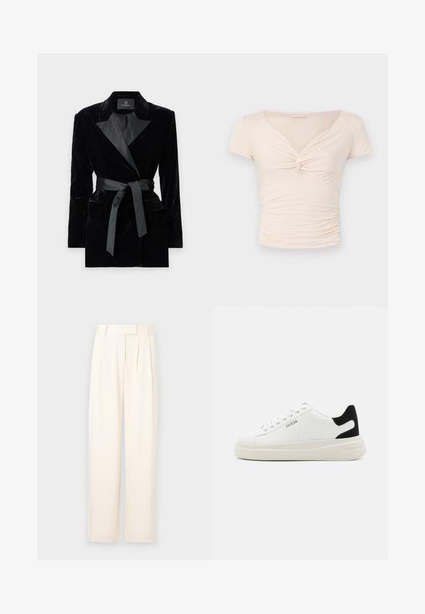Sort fløjlsblazer med satin sjalkrave, lange ærmer, frontlommer og en bundet bælte i taljen. Glat tekstur og skræddersyet design.; Lyst beige kortærmet top med V-hals og twist-detalje foran, med samlede teksturer langs siderne for en tætsiddende design.; Lys beige brede benbukser med en glat tekstur, der har forskydninger foran og en flad talje. Ingen synlige lukninger eller lommer.; Hvide lædersneakers med en tyk hvid sål, sort ruskindhælvægt og prægede logoer på siden. Snørebåndsdesign med seks øjer.