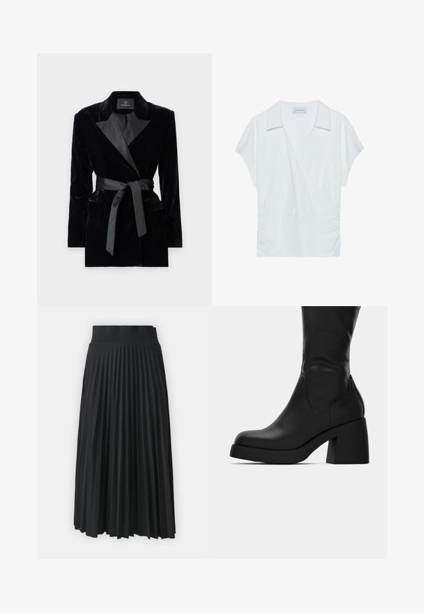 Blazer de veludo preto com colarinho de cetim, mangas longas, bolsos frontais e um cinto atado na cintura. Textura suave e design ajustado.; Blusa envolvente com gola branca, feita de um tecido suave, com mangas curtas e detalhes franzidos na cintura para um caimento descontraído.; Saia preta plissada com uma cintura larga, apresentando pregas verticais uniformes por toda a peça. Textura suave com um design fluido.; Bota de couro preta até ao meio da panturrilha com salto bloco robusto e bico arredondado, mostrando perfil lateral em fundo branco.