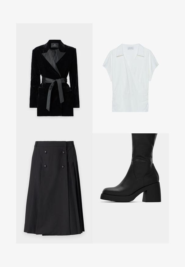 Black velvet blazer with satin shawl collar, long sleeves, front pockets, and a tied belt at the waist. Smooth texture and tailored design.; White collared wrap blouse made from smooth fabric, featuring short sleeves and gathered detailing at the waist for a relaxed fit.; The Kooples JUPE - A-line skirt - black; Black mid-calf leather boot with chunky block heel and rounded toe, showing side profile on white background.