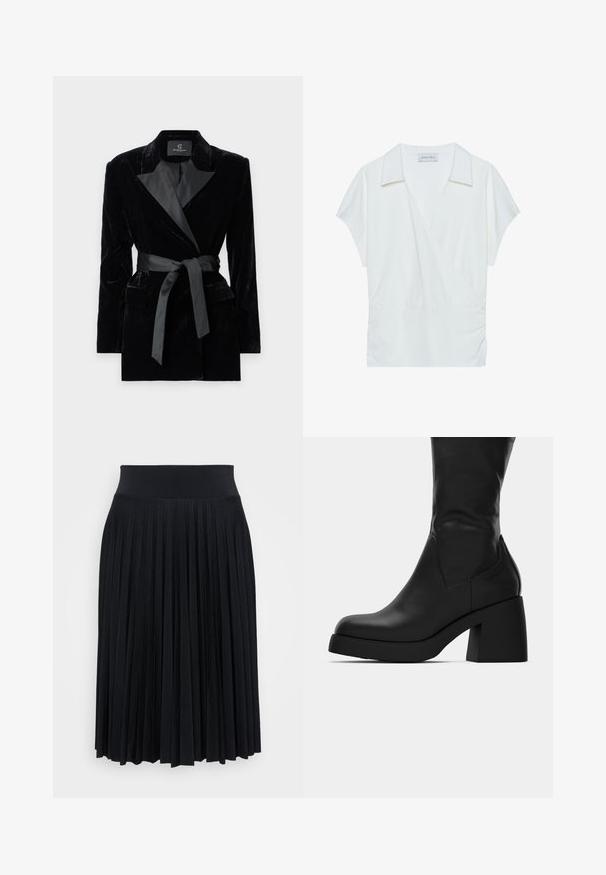 Μαύρο βελούδινο σακάκι με σατέν γιακά, μακριά μανίκια, εμπρός τσέπες και ζώνη που δένει στη μέση. Λείο ύφασμα και κομψός σχεδιασμός.; Λευκό πουκάμισο με κολάρο, φτιαγμένο από λεία ύφανση, με κοντά μανίκια και συγκεντρωμένη λεπτομέρεια στη μέση για άνετη εφαρμογή.; Μαύρη πλισέ φούστα με φαρδύ λάστιχο, φτιαγμένη από μαλακό υλικό. Διαθέτει κάθετες πτυχές για επιπλέον υφή και ροή.; Μαύρη δερμάτινη μπότες μέχρι τη μέση της γάμπας με χοντρό τακούνι και στρογγυλή μύτη, εμφανιζόμενη σε πλάγια προφίλ σε λευκό φόντο.