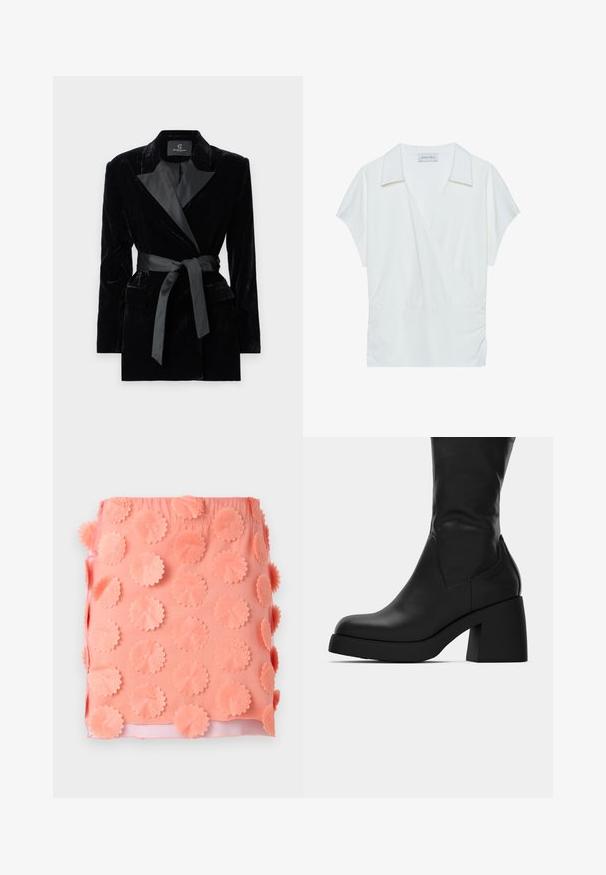 Czarna aksamitna marynarka z satynowym kołnierzem typu szal, długimi rękawami, kieszeniami z przodu i związanym paskiem w talii. Gładka tekstura i dopasowany krój.; Biała bluzka zapinana na kołnierz wykonana z gładkiego materiału, z krótkimi rękawami i marszczeniem w talii, zapewniająca swobodny krój.; Różowa spódnica z teksturowanej powierzchni z okrągłymi aplikacjami z materiału. Elastyczny pas i gładka podszewka.; Czarna skórzana botka do połowy łydki z masywnym słupkiem i okrągłym noskiem, przedstawiona w profilu bocznym na białym tle.