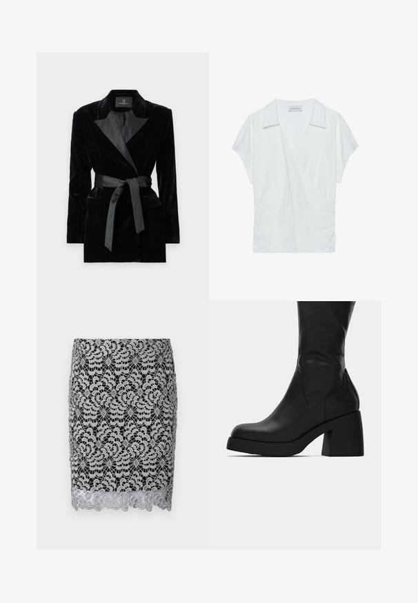 Čierny zamatový blejzer so saténovým šálovým golierom, dlhými rukávmi, prednými vreckami a opaskom na uviazanie v páse. Hladká štruktúra a strihový dizajn.; Biela blúzka s rolákovým výstrihom vyrobená z hladkého materiálu, s krátkymi rukávmi a zhrnutím v oblasti pásu pre uvoľnený strih.; Čierna čipkovaná sukňa so strieborným kvetinovým vzorom, srdcovým lemovaním a zložitou háčkovanou štruktúrou. Priliehavý strih s hladkým podšívkovaním.; Čierne kožené čižmy po lýtka s masívnym blokovým podpätkom a zaoblenou špičkou, zobrazené z bočného profilu na bielom pozadí.