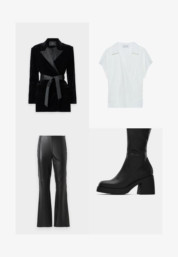 Crni baršunasti blejzer sa satenima šalom, dugim rukavima, prednjim džepovima i vezanom trakom u struku. Glatka tekstura i krojena izrada.; Bijela bluzica s ovratnikom, napravljena od glatke tkanine, s kratkim rukavima i skupljenim detaljima u struku za opušteni fit.; Crne hlače od umjetne kože visokog struka s flared nogavicama i detaljima na prednjem šavu, prikazane na jednobojnoj bijeloj pozadini.; Crna kožna čizma do sredine lista s masivnom blok petom i zaobljenim vrhom, prikazana sa bočne strane na bijeloj pozadini.