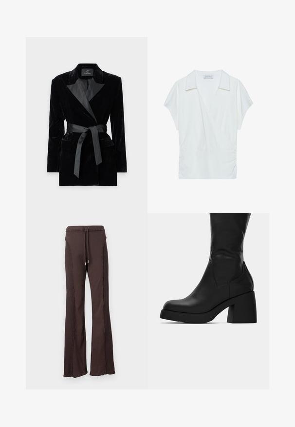 Melnas samta žaketes ar satīna apkakli, garām piedurknēm, priekšējām kabatām un saistītu jostu jostasvietā. Gluda tekstūra un izsmalcināts dizains.; Balta apkakles apvalka bluze, izgatavota no gluda auduma, ar īsām piedurknēm un savilktām detaļām jostasvietā, nodrošinot brīvu piegriezumu.; Brūnas ribotas platās bikses ar saistošu jostu un dekoratīvām šuvēm pa malām. Mīksta tekstūra un brīvs griezums.; Melnas ādas zābaki līdz vidus teļam ar masīvu blokveida papēdi un noapaļotu purngalu, redzami sānu profilā uz baltas fona.