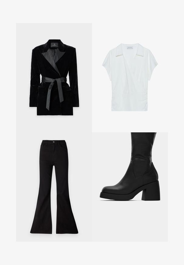 Blazer de terciopelo negro con cuello de chal de satén, mangas largas, bolsillos frontales y un cinturón atado en la cintura. Textura suave y diseño ajustado.; Blusa envolvente de cuello blanco, confeccionada en una tela suave, con mangas cortas y detalles fruncidos en la cintura para un ajuste holgado.; Vaqueros negros acampanados de mezclilla, con una cintura alta, bolsillos frontales y una gran abertura en los dobladillos para un silueta de pierna ancha.; Bota de cuero negra a media pantorrilla con tacón grueso y punta redonda, mostrando perfil lateral sobre fondo blanco.