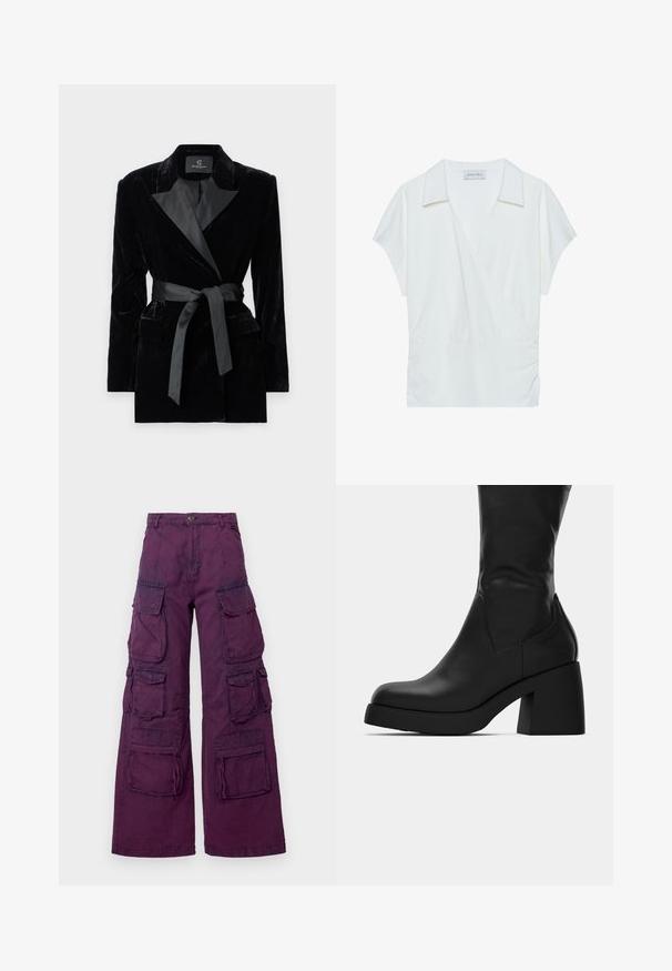 Fekete bársony blézer selyem stílusú gallérral, hosszú ujjak, elülső zsebek és megkötős öv a deréknál. Simaság és precíz szabás jellemzi.; Fehér, galléros, átkötős blúz sima anyagból, rövid ujjakkal és gyűrt részletekkel a deréknál, amely lazább illeszkedést biztosít.; Lila cargo nadrág, széles lábakkal, melyek több elülső és oldalsó zsebbel, kontrasztos varrással és gombos derékzárral rendelkeznek.; Fekete bőrből készült, középig érő csizma vastag tömbsarokkal és kerek orral, oldalsó profilban, fehér háttér előtt.