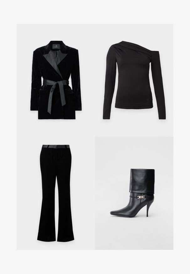 Blazer de veludo preto com colarinho de cetim, mangas longas, bolsos frontais e um cinto atado na cintura. Textura suave e design ajustado.; Camisa preta de mangas longas com um decote assimétrico, apresentando um ombro exposto e um drapeado suave pelo peito.; Calças pretas em formato flare, feitas de um tecido liso. Apresentam uma cintura plana com um acabamento brilhante. Design ajustado com dois bolsos frontais.; Bota de tornozelo em couro preto com bico fino, alto salto stiletto, punho dobrado e detalhe decorativo em fivela dourada no tornozelo.