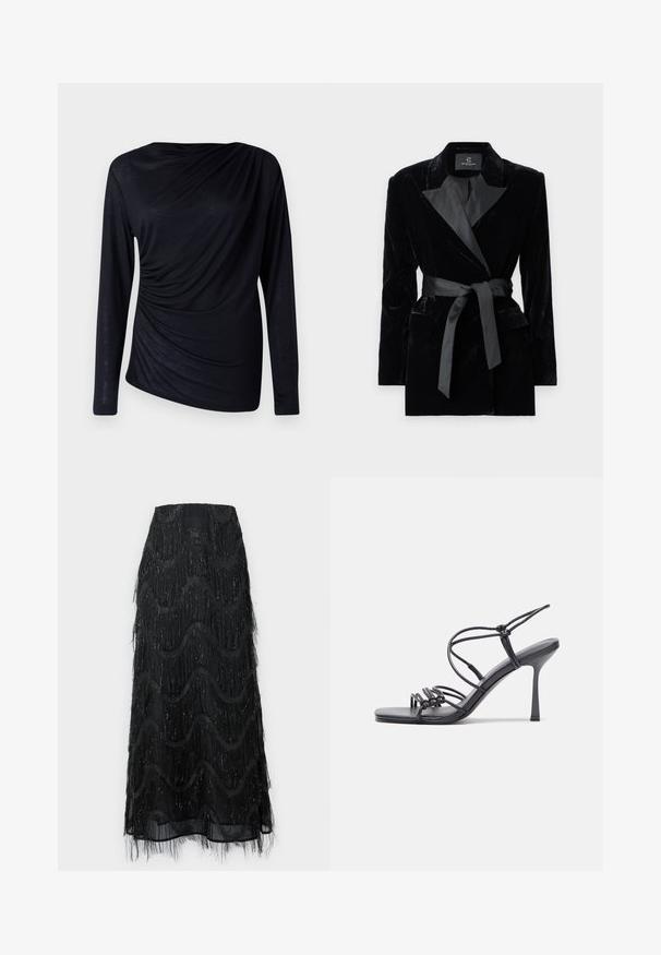 Juodas aksominis švarkas su satino apykakle, ilgomis rankovėmis, priekinėmis kišenėmis ir juosmenyje surišamu diržu. Lygus paviršius ir pritaikytas dizainas.; Juodas ilgomis rankovėmis viršus, pagamintas iš lengvos medžiagos, su drapiruotu dizainu ir susiraukšlėmis kairėje pusėje.; Juodas nėrinių palaidinė su ilgomis rankovėmis, sagomis ant krūtinės kišenių, klasikinė apykaklė ir audinys diržas, surištas ties liemeniu. Permatomas dizainas.; Juodas midi sijonas su sluoksniais frizais ir bangų raštais. Pagamintas iš permatomo medžiagos su blizgučiais pareiškimais palei kraštus.; Juodos aukštakulnės sandalai pasižymi plonyčiais dirželiais su mazgo dizainu, lygiu kvadratiniu pirštu ir elegantišku stiletto kulnu.